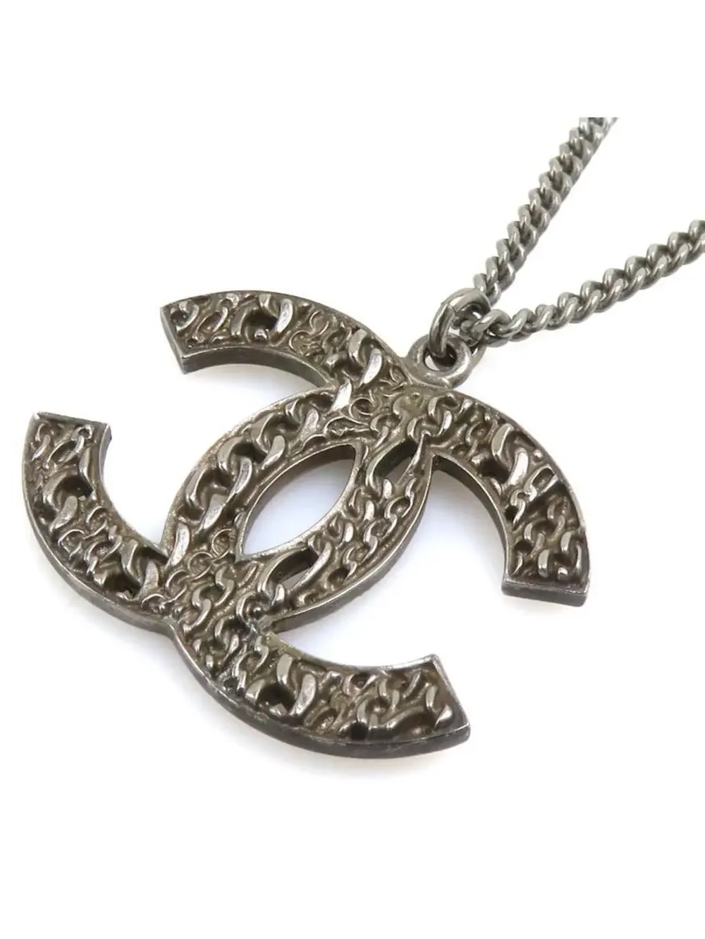 Auth Chanel Cc Logo Necklace Gunmetal #293550C41B